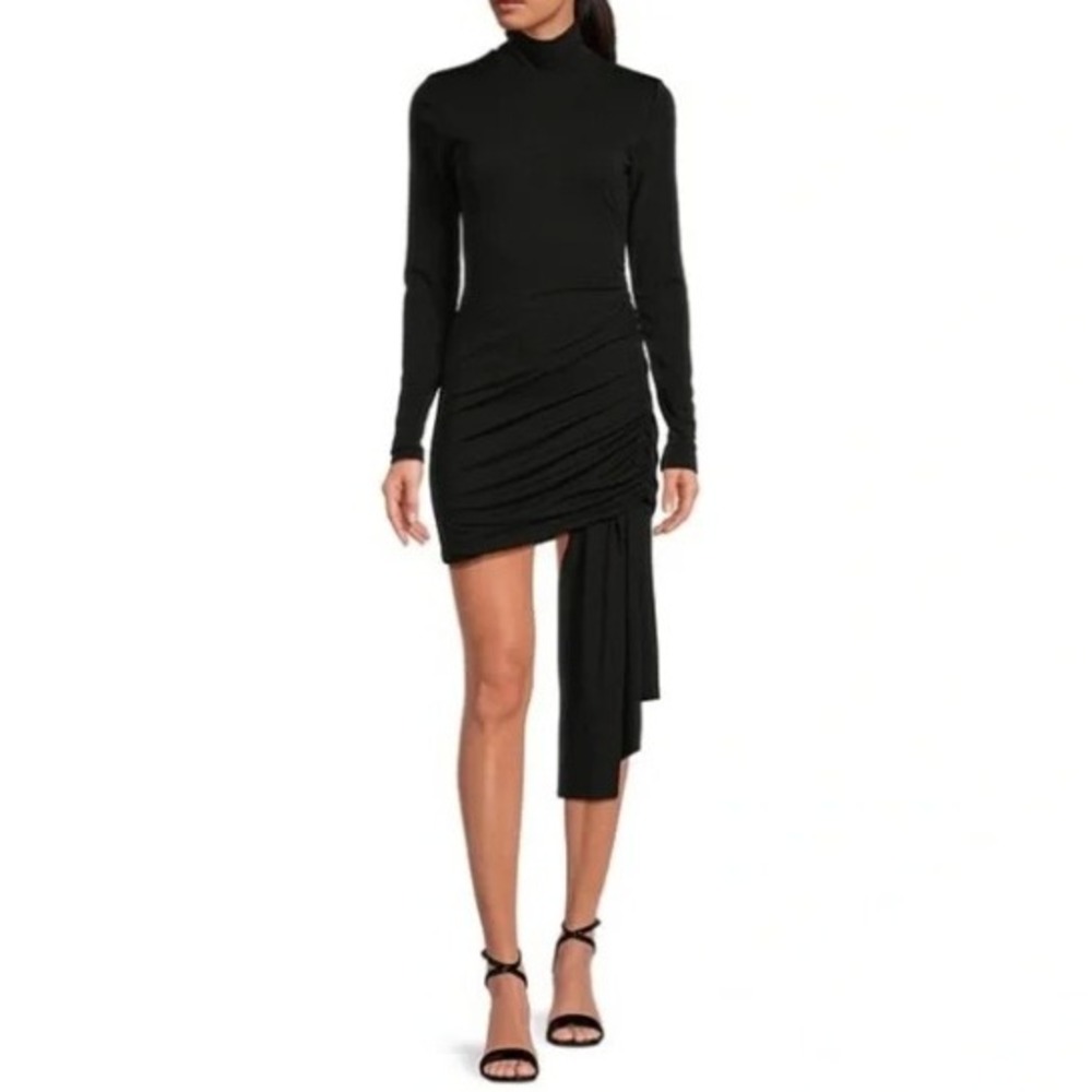 Ronny Kobo Renaldo Black Ruched Asymmetrical Drape Mock Neck Mini Dress L‎